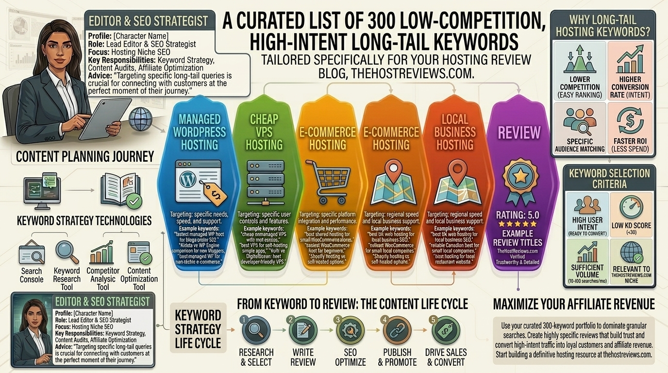Here is a curated list of 300 low-competition, high-intent long-tail keywords tailored specifically for your hosting review blog, thehostreviews.com.