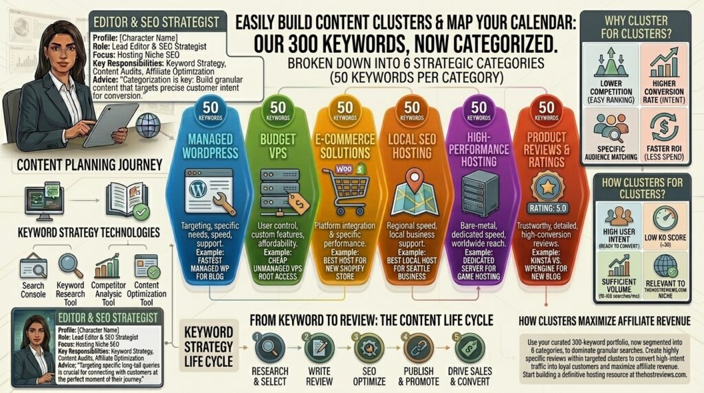 To make it easy for you to build content clusters and map out your publishing calendar, these keywords are broken down into 6 strategic categories (50 keywords per category):