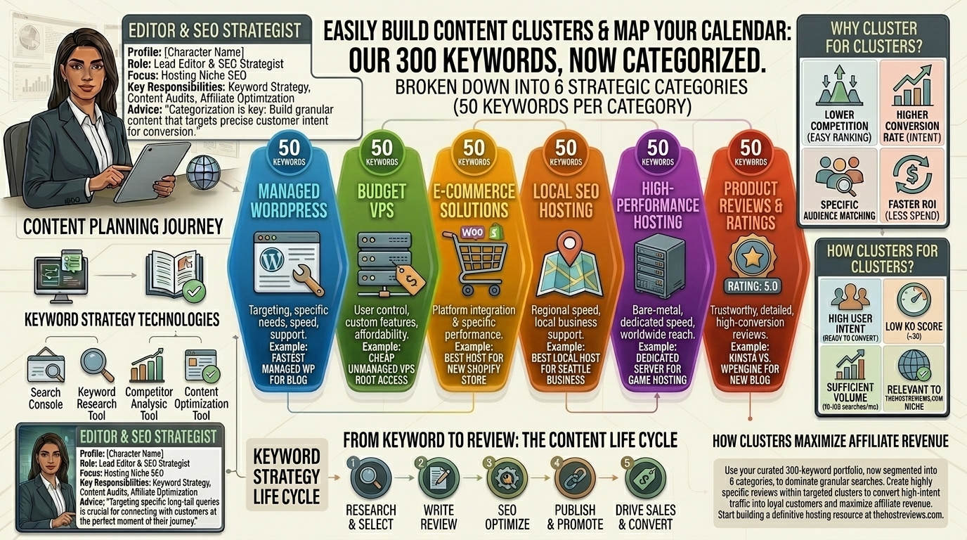 To make it easy for you to build content clusters and map out your publishing calendar, these keywords are broken down into 6 strategic categories (50 keywords per category):