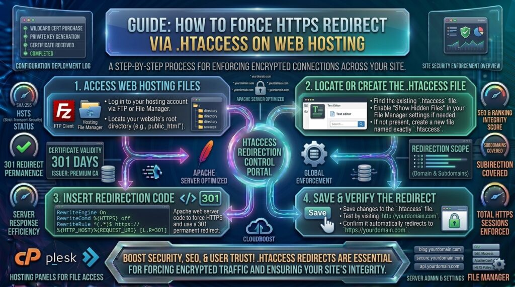 how to force https redirect via htaccess on web hosting