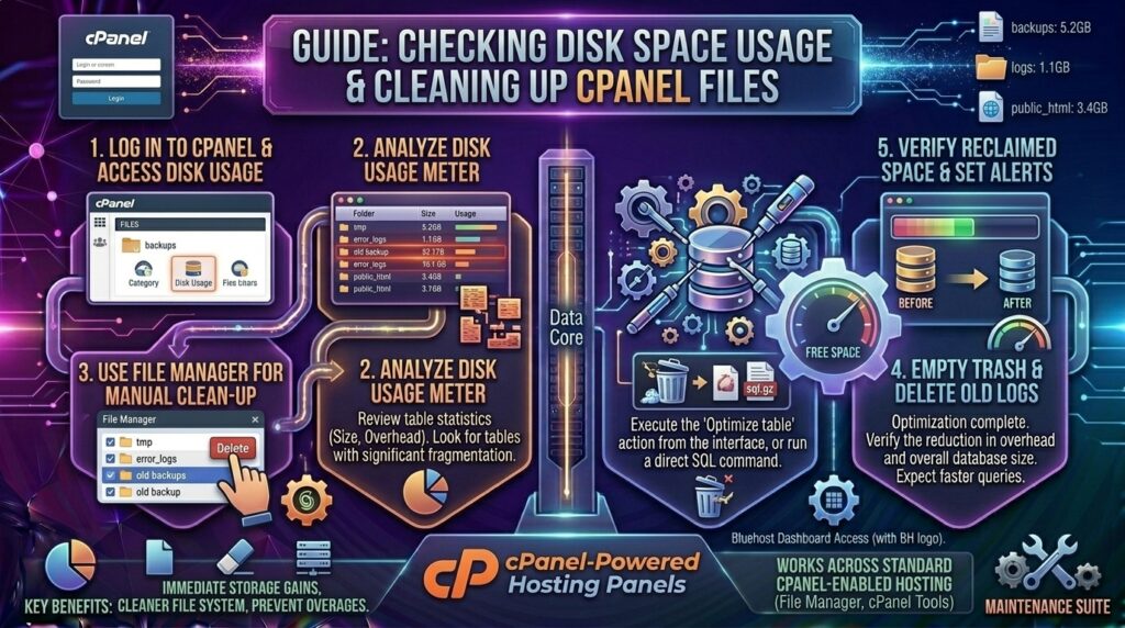 how to check disk space usage and clean up cpanel files