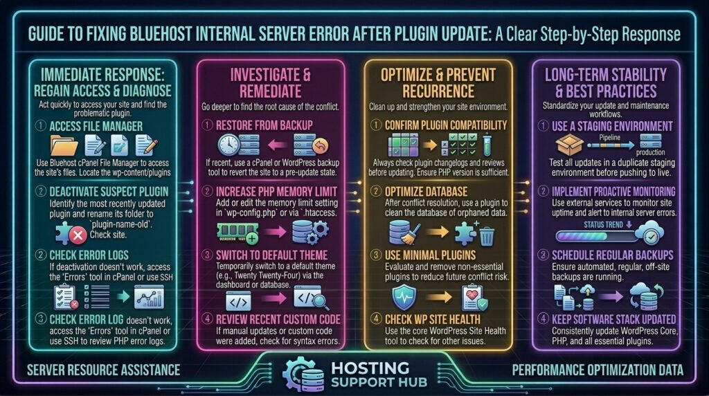 how to fix bluehost internal server error after plugin update