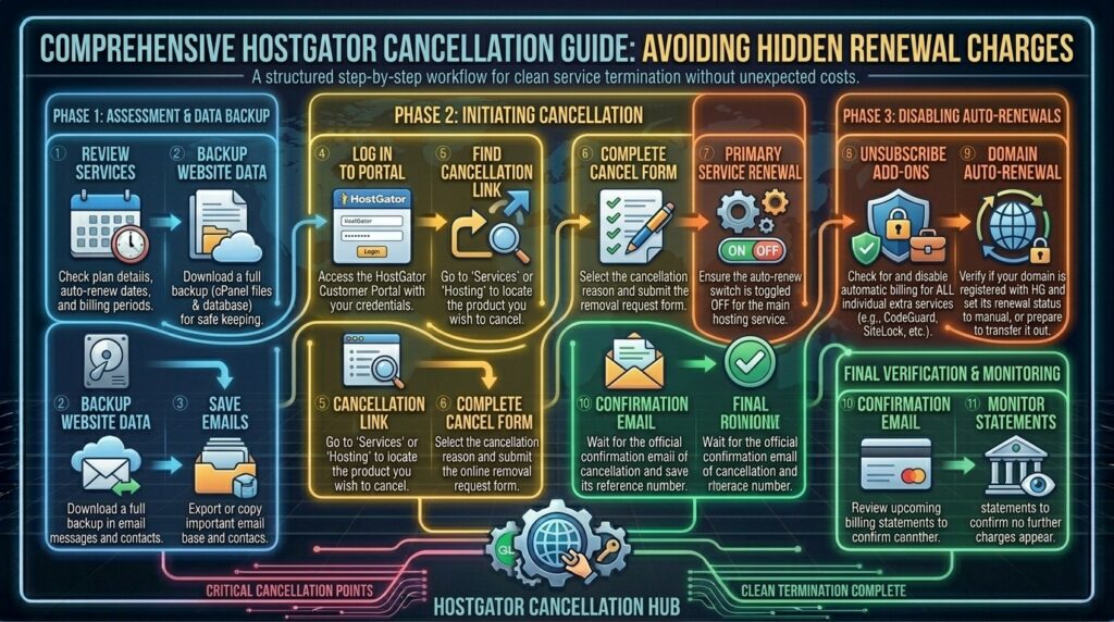 steps to cancel hostgator subscription without hidden renewal charges