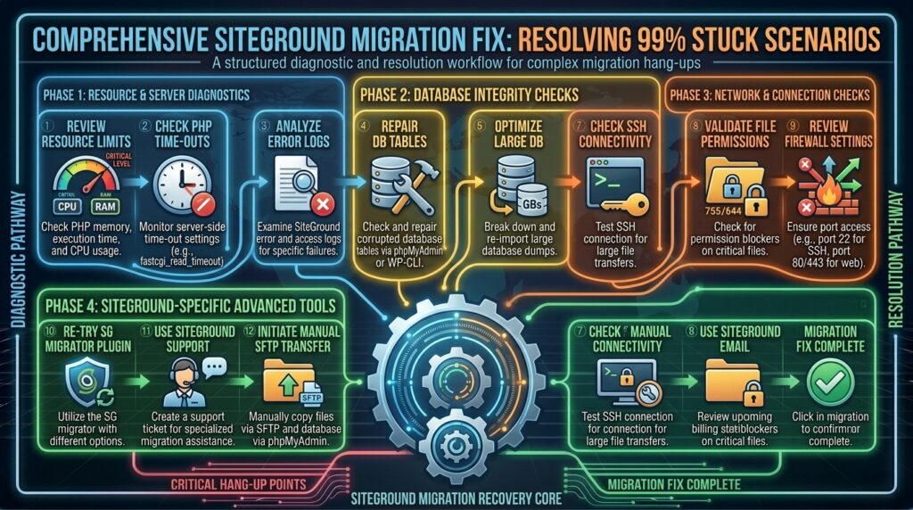 how to resolve siteground site migration stuck at 99 percent