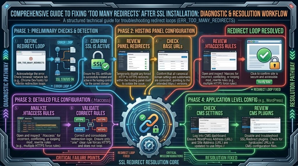 how to fix too many redirects error after installing ssl on hosting