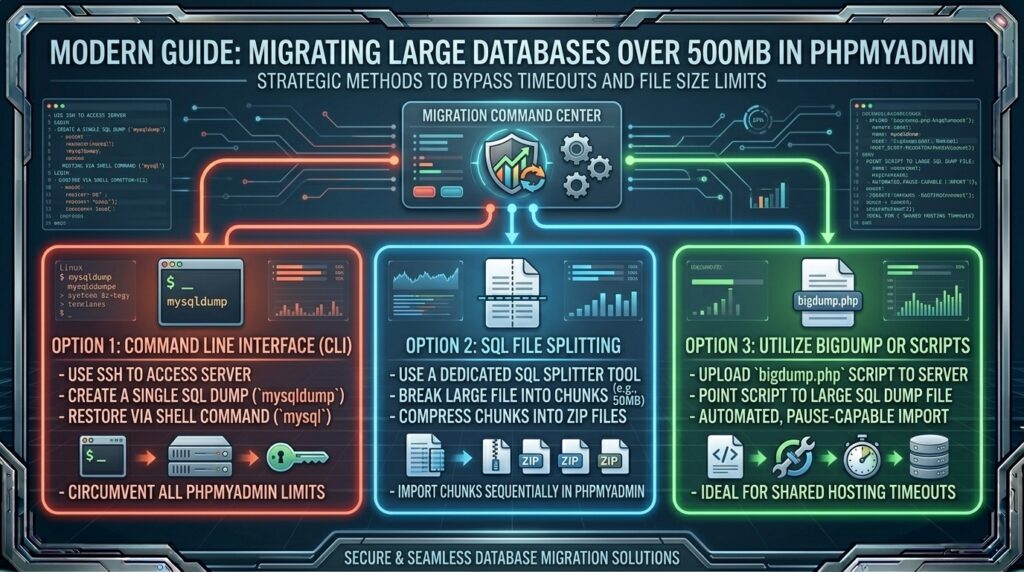 how to migrate large database over 500mb in phpmyadmin