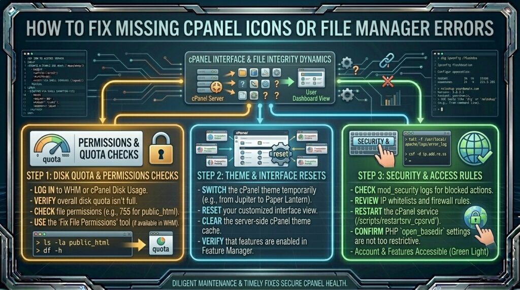 how to fix missing cpanel icons or file manager errors