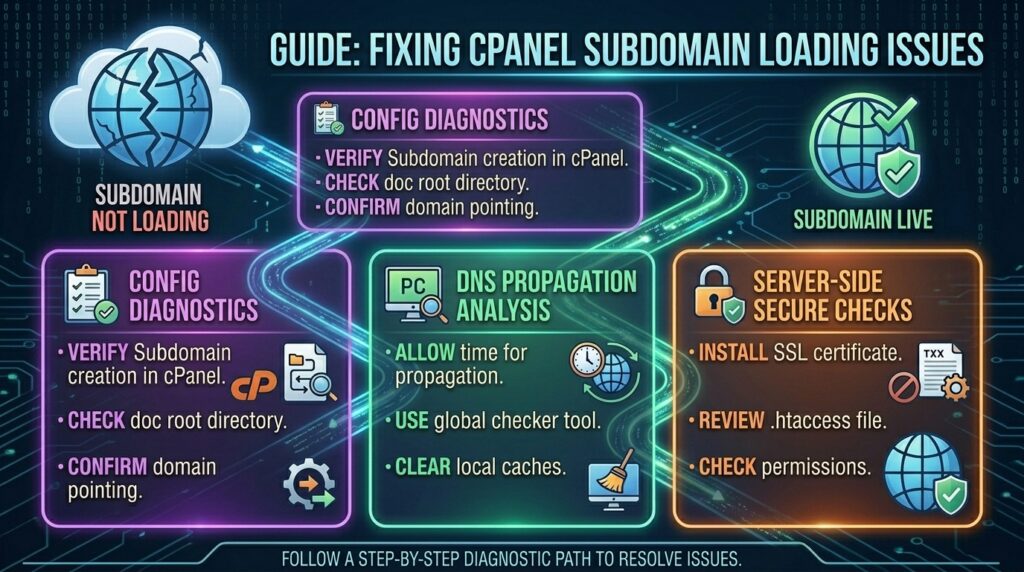 troubleshooting subdomains not loading after creation in cpanel