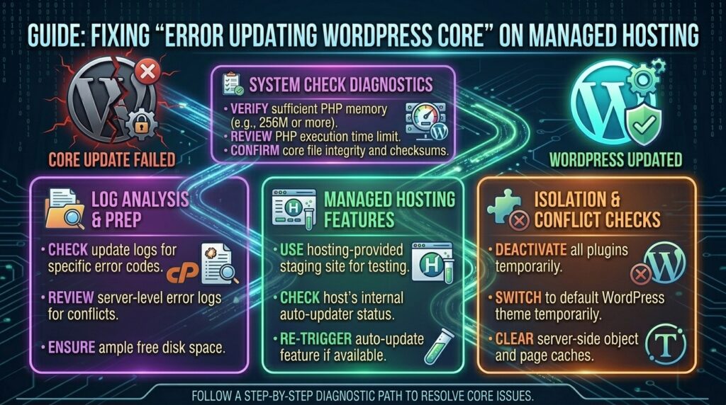 how to fix error updating wordpress core on managed hosting