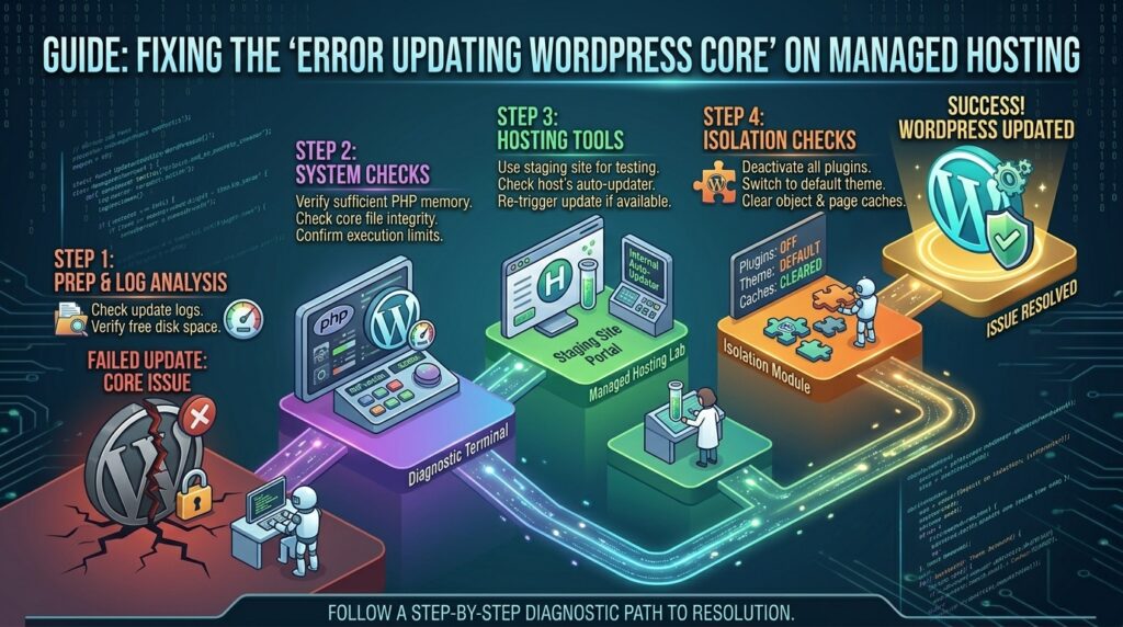 how to fix error updating wordpress core on managed hosting