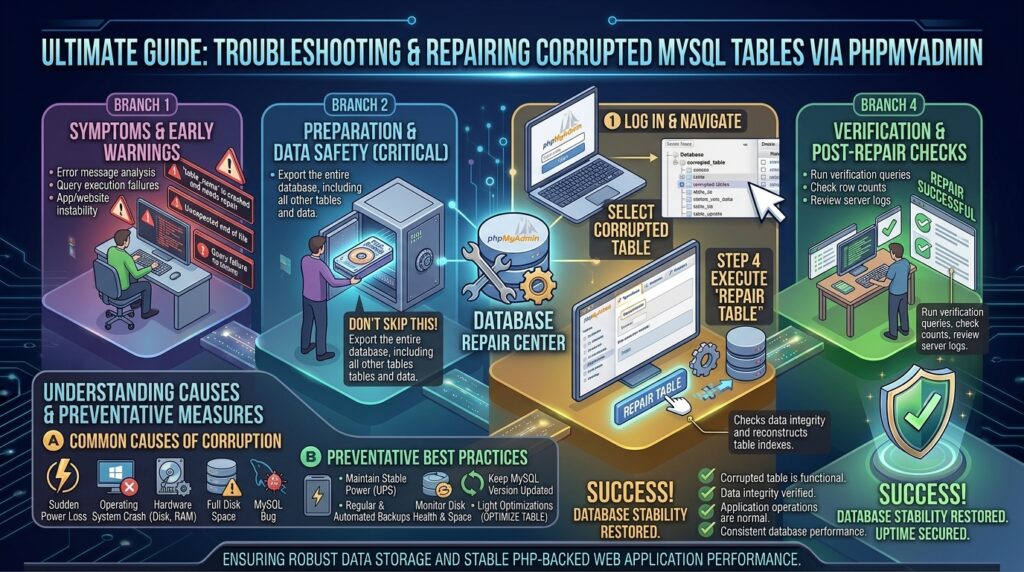 troubleshooting corrupted tables in mysql database via phpmyadmin