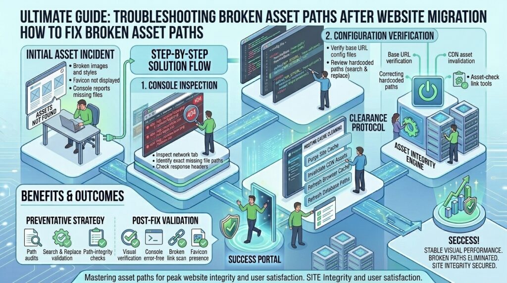 troubleshooting missing favicon or broken asset paths after migration