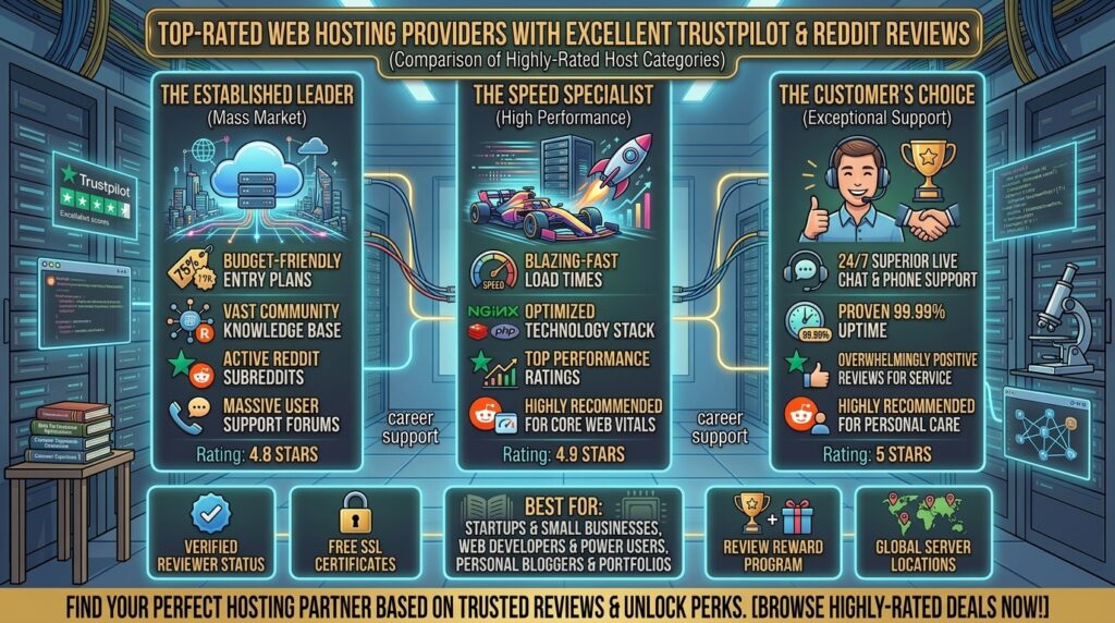 top web hosting providers with excellent Trustpilot and Reddit reviews